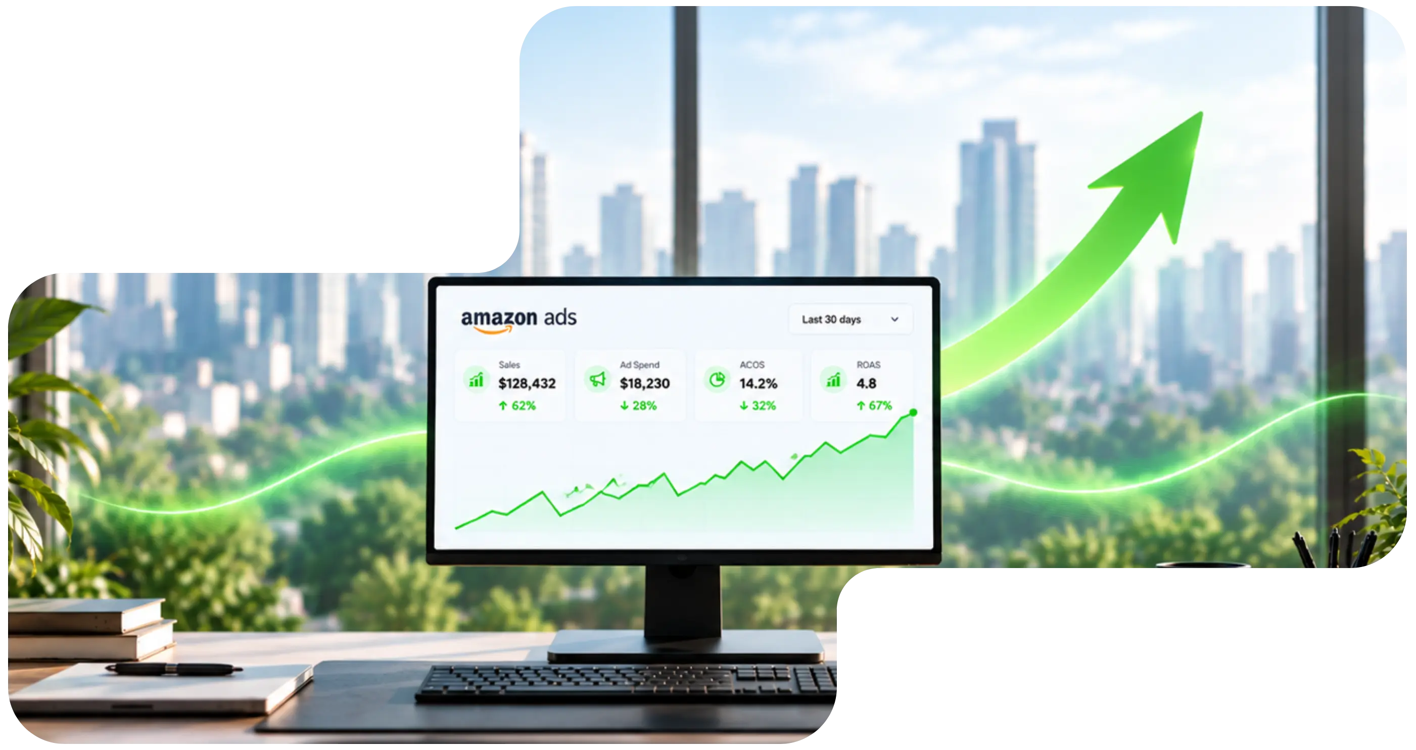 Amazon seller workspace with product inventory, shipping boxes, and performance analytics dashboards.