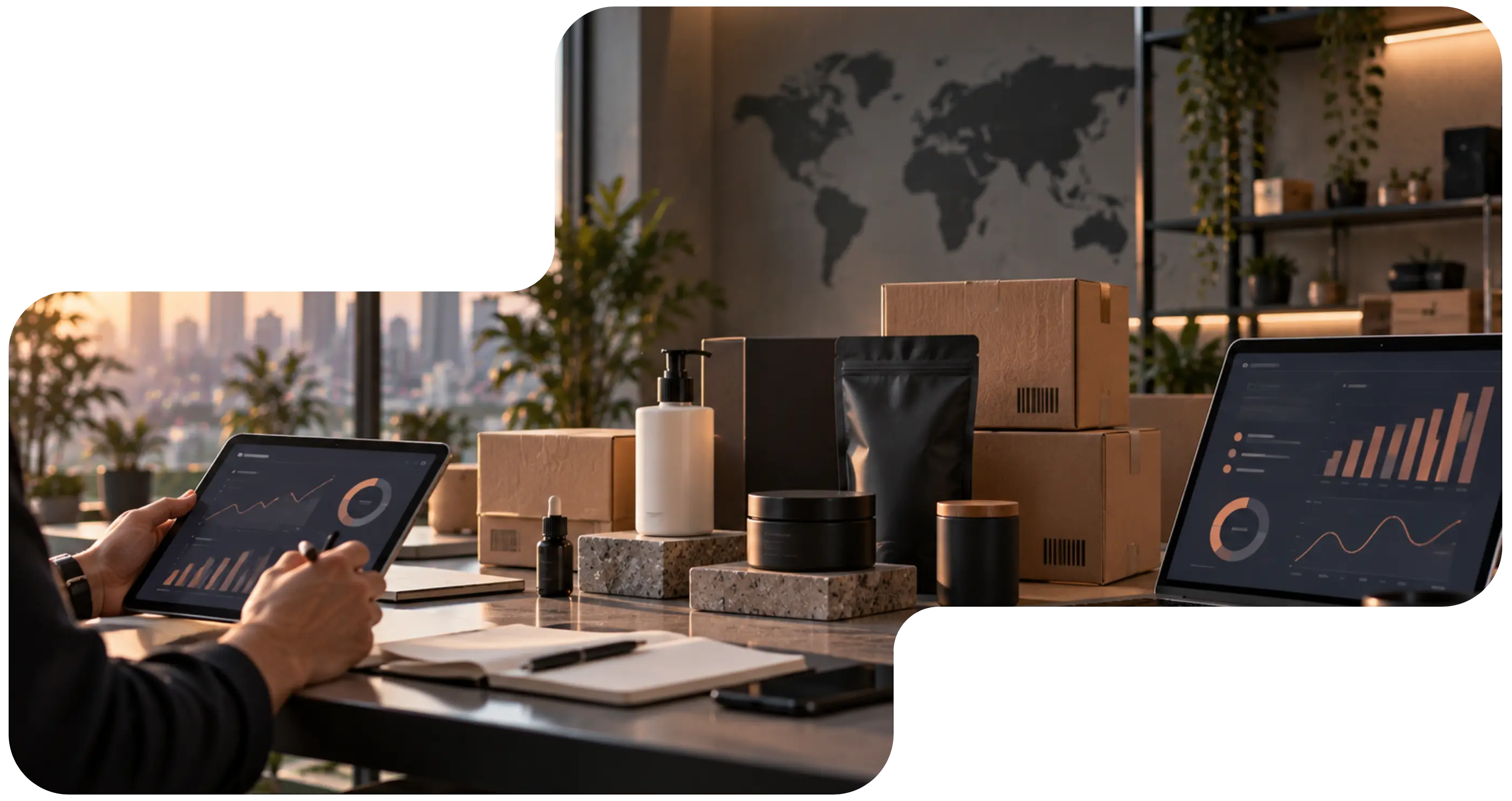 Amazon seller workspace with product inventory, shipping boxes, and performance analytics dashboards.