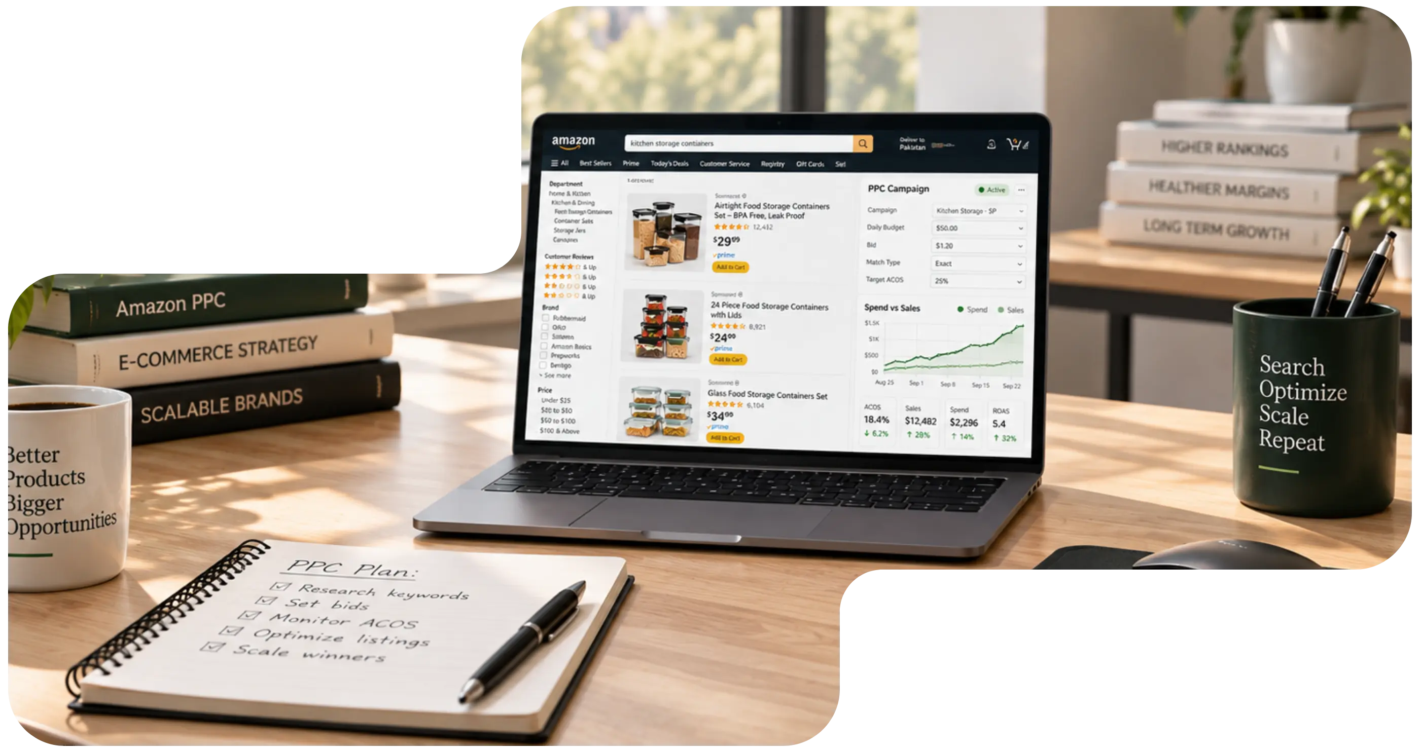 Amazon PPC workspace with search results and campaign dashboard showing bid control, ACOS, and spend versus sales.