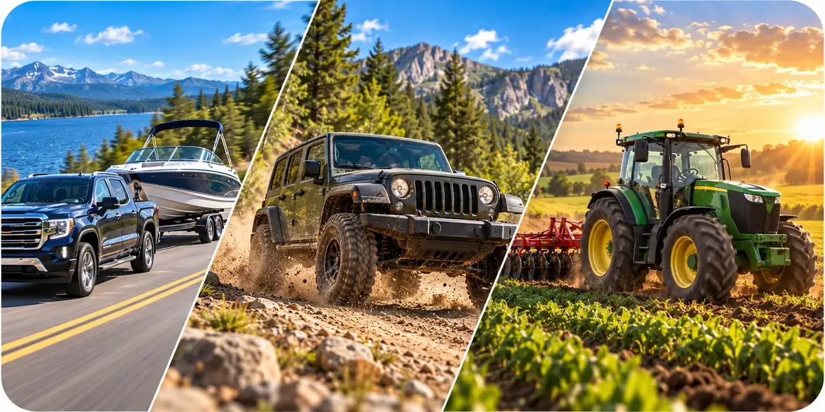 Pinailer brand cover collage of hitch pins in use with truck and boat, off-road Jeep and tractor scenes.