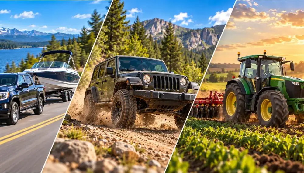 Pinailer brand cover collage of hitch pins in use with truck and boat, off-road Jeep and tractor scenes.