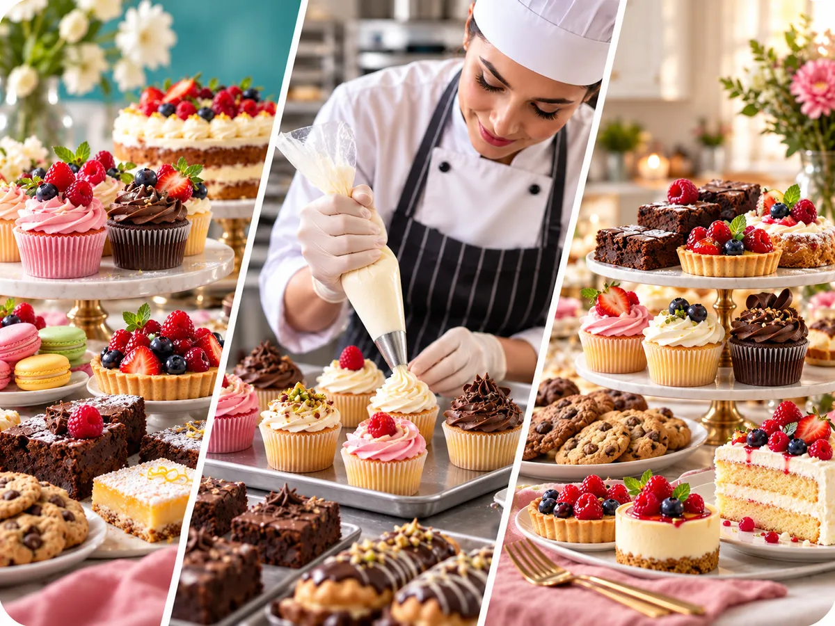 Sammary brand cover collage of a pastry chef decorating cupcakes beside plated cakes, tarts, cookies, and other desserts.