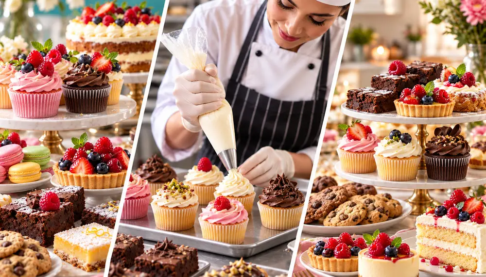 Sammary brand cover collage of a pastry chef decorating cupcakes beside plated cakes, tarts, cookies, and other desserts.