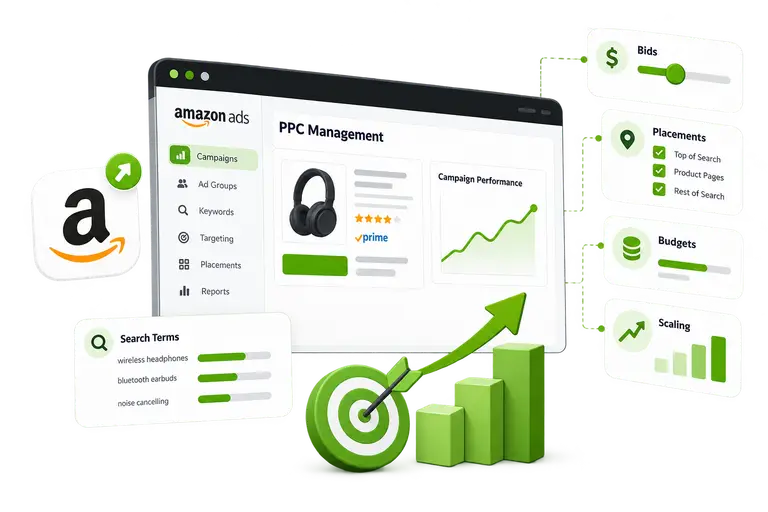 Amazon PPC management dashboard with campaign performance metrics.
