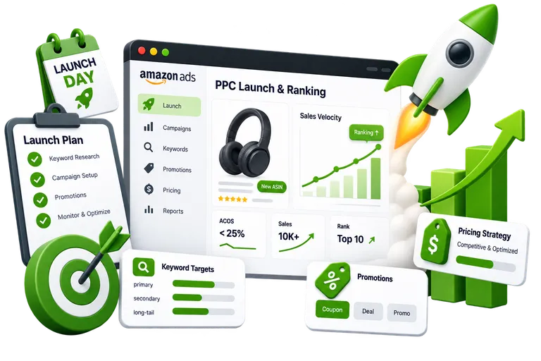 PPC launch, ranking, and promotions strategy illustration.