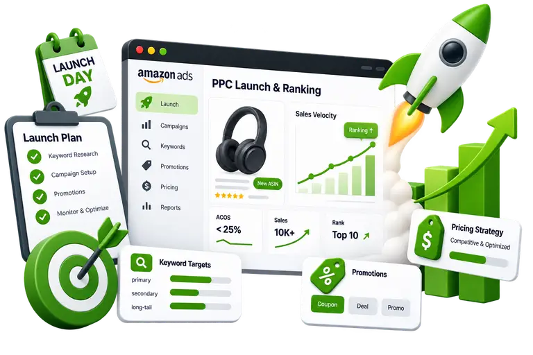 PPC launch, ranking, and promotions strategy illustration.