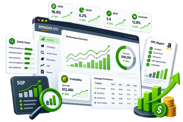 PPC analytics, SQP, and profitability reporting dashboard.
