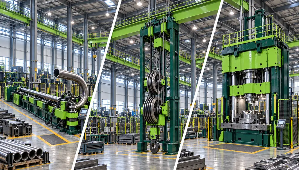 State Tools brand cover collage of green industrial pipe-bending, lifting, and hydraulic press machinery on a factory floor.
