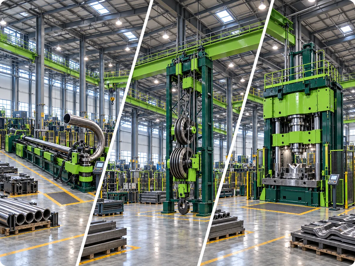 State Tools brand cover collage of green industrial pipe-bending, lifting, and hydraulic press machinery on a factory floor.