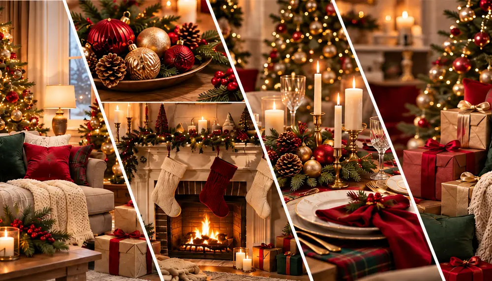 Upstout brand cover collage of festive Christmas home décor, wreaths, fireplace and gift scenes.