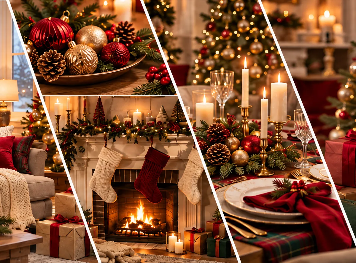 Upstout brand cover collage of festive Christmas home décor, wreaths, fireplace and gift scenes.